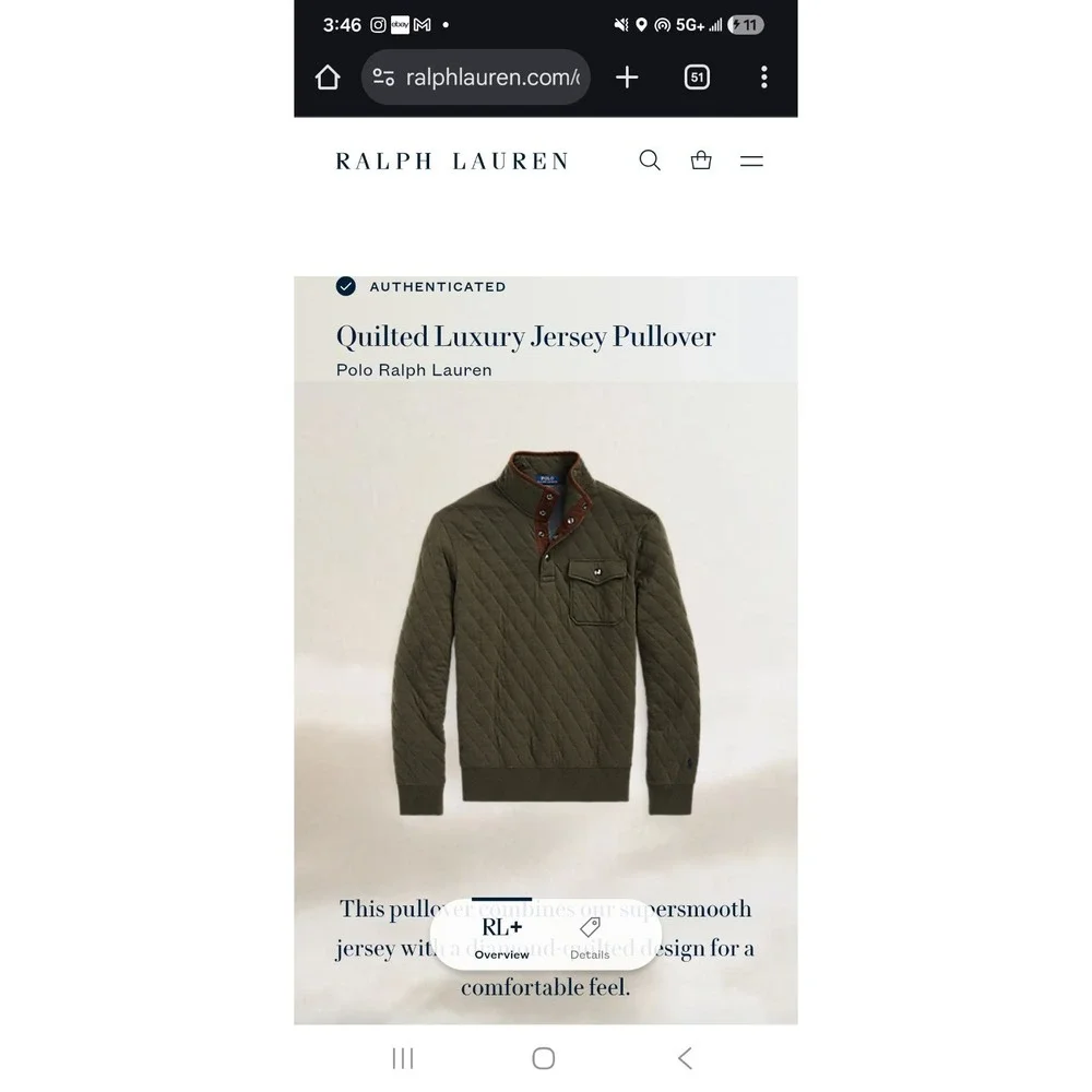 Polo Ralph Lauren Quilted Luxury Jersey Pullover‎ Men S Olive Green Snap Pony